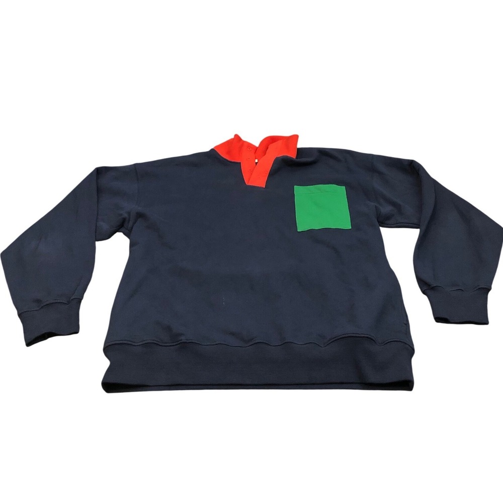 Clare V Sweatshirt Unisex XL Navy Blue Colorblock Rugby Snap Neck Organic Cotton